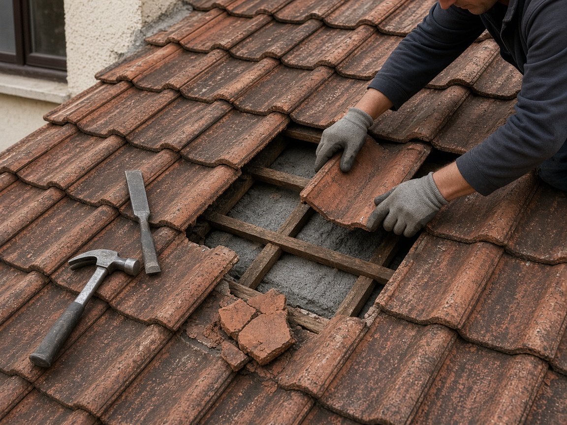 Reparație țiglă ceramică crăpată pe acoperiș